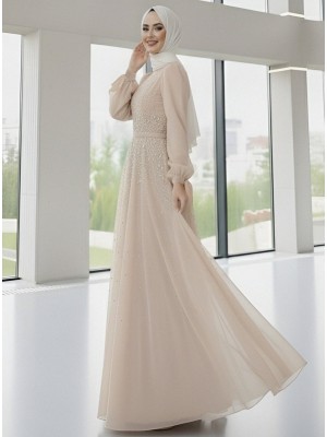 Tulle Evening Dress with Stone Detail on the Front and Lining - Beige