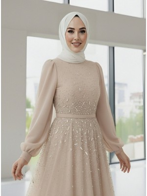 Tulle Evening Dress with Stone Detail on the Front and Lining - Beige
