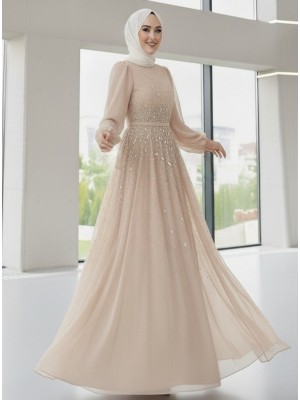 Tulle Evening Dress with Stone Detail on the Front and Lining - Beige