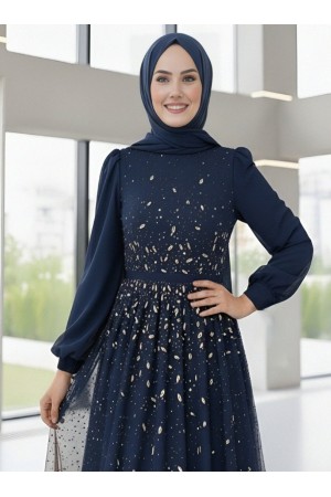 Önü Taş Detaylı Astarlı Tül Abiye -Laci