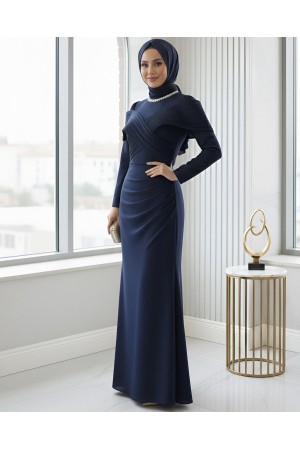 Yakası Taş Detaylı Omuzu Kat Drapeli Abiye -Laci