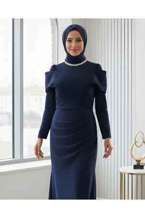 Yakası Taş Detaylı Omuzu Kat Drapeli Abiye -Laci