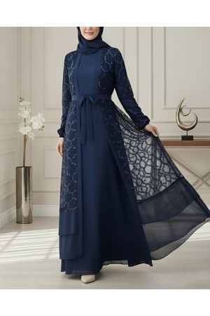 عباية مطرزة بالترتر مع حزام وتنورة مزدوجة الطبقات -كحلي