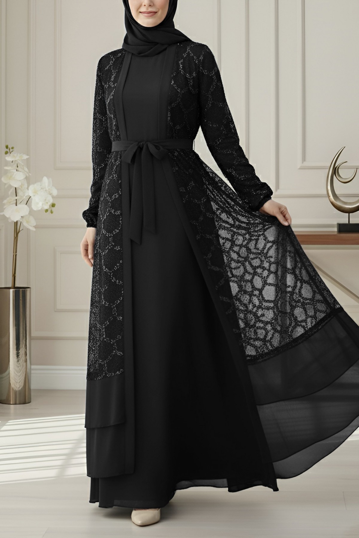Sequined Double-Layered Belted Skirt Abaya -Black