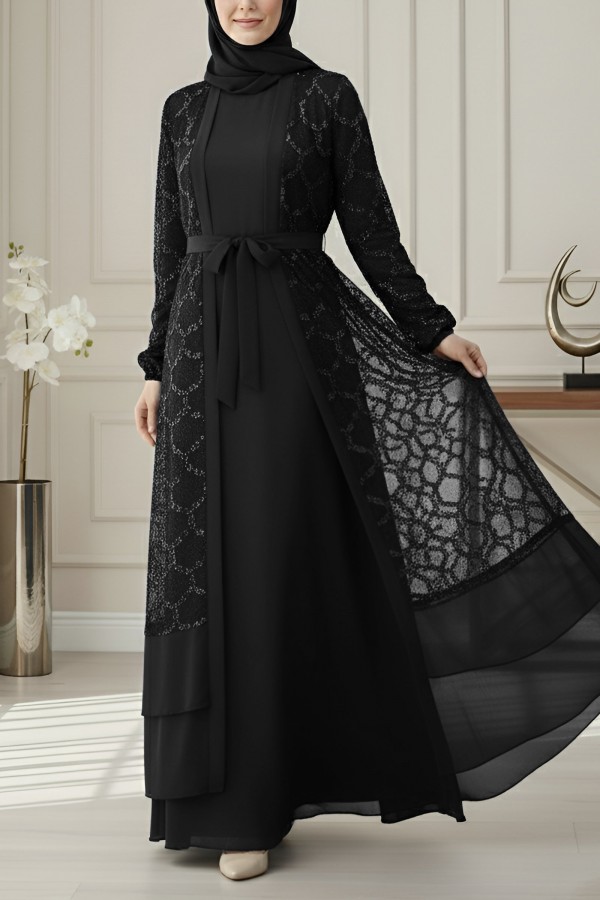 Sequined Double-Layered Belted Skirt Abaya -Black