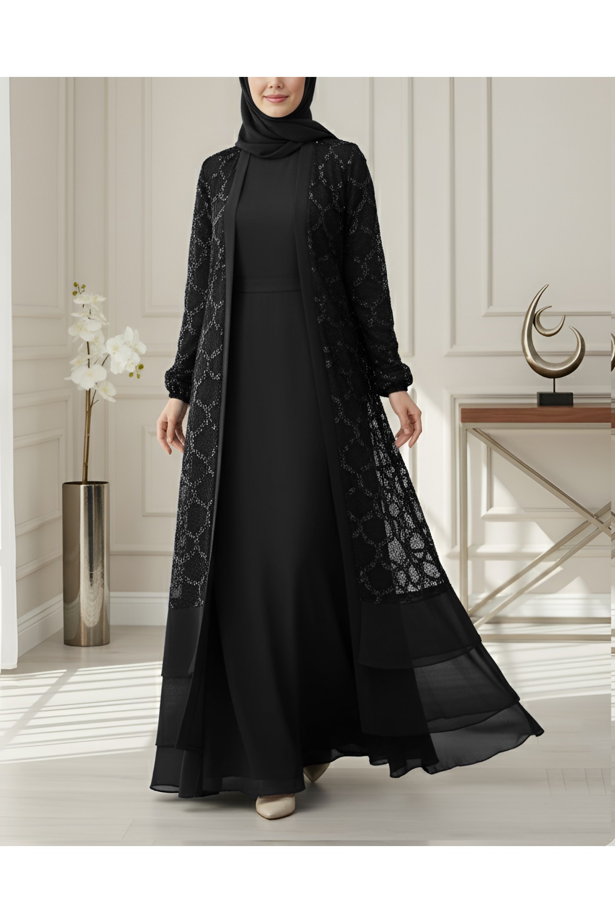 Sequined Double-Layered Belted Skirt Abaya -Black