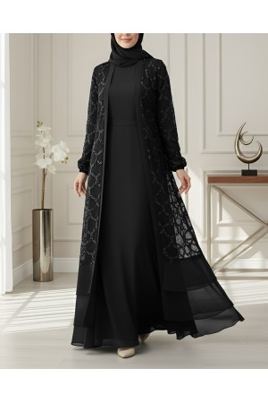 Pul Payetli Eteği Katlı Kemerli İkili Abaya -Siyah
