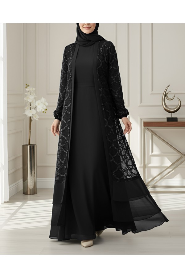 Sequined Double-Layered Belted Skirt Abaya -Black