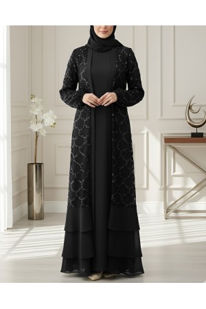 Pul Payetli Eteği Katlı Kemerli İkili Abaya -Siyah