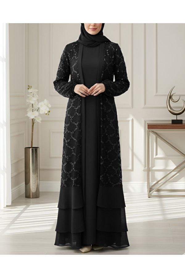 Sequined Double-Layered Belted Skirt Abaya -Black
