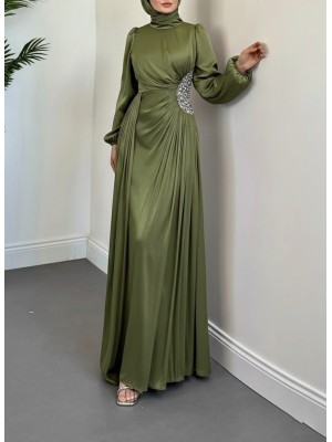 Kolu Lastikli Taş Detaylı Astarlı Janjan Abiye  -Haki