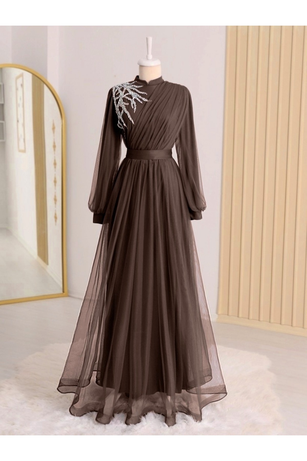 Stone Detailed Draped Belt Tulle Evening Dress     -Dark Coffee