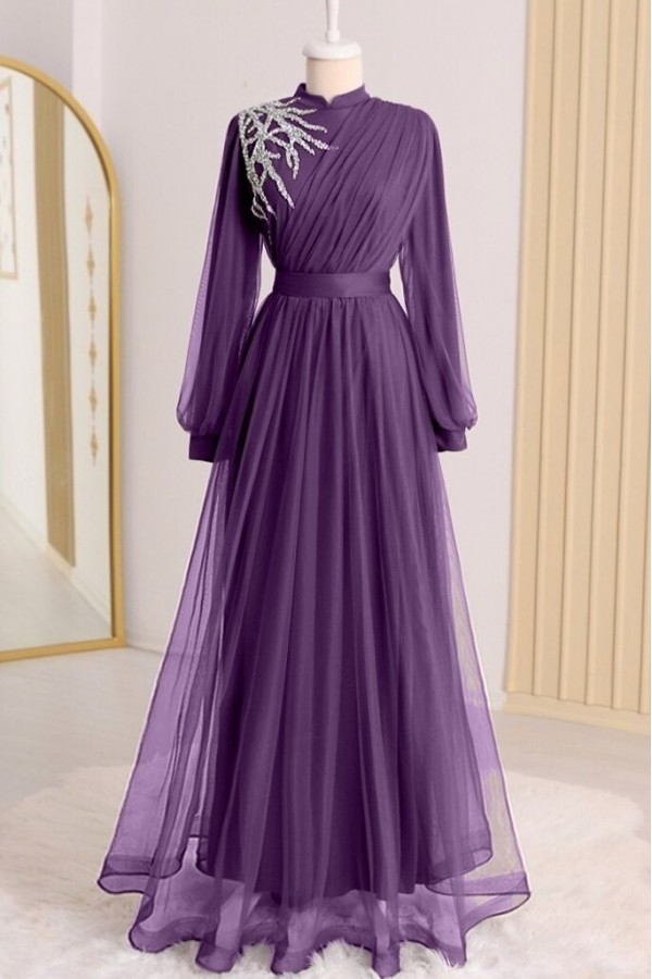 Stone Detailed Draped Belt Tulle Evening Dress     - Purple