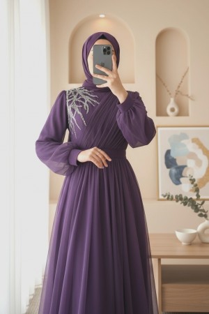 Stone Detailed Draped Belt Tulle Evening Dress     - Purple