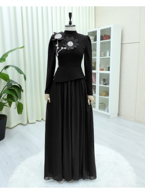 Papatya Detaylı Eteği Pliseli Taşlı Elbise -Siyah