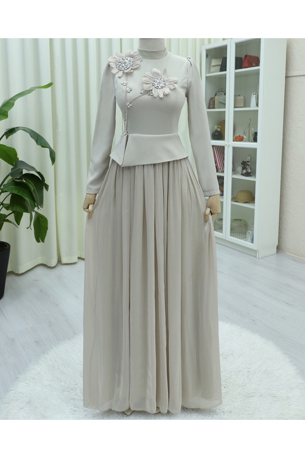 Daisy Detailed Pleated Skirted Stoned Dress -Stone