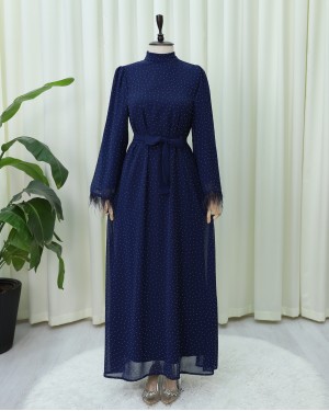 Belted Dress with Feathered Sleeves and Sprinkled Stone Details -Navy blue