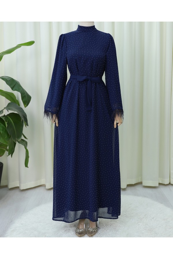Belted Dress with Feathered Sleeves and Sprinkled Stone Details -Navy blue
