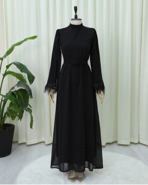 Belted Dress with Feathered Sleeves and Sprinkled Stone Details -Black