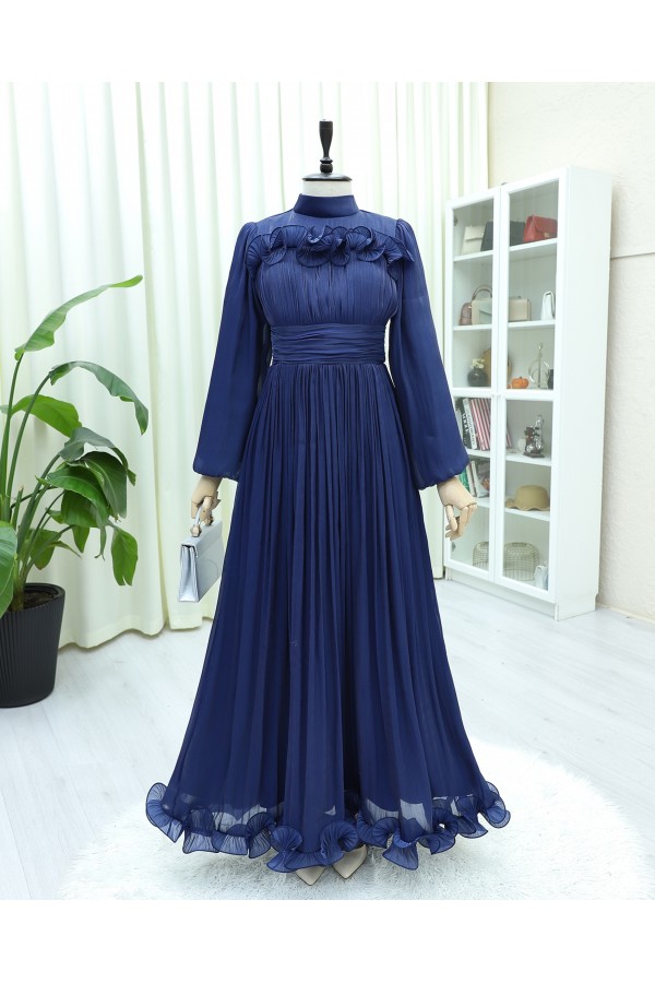 Janjan Evening Dress with Draped Waist, Elastic Sleeves, Ruffle Detail on Chest and Skirt -Navy blue