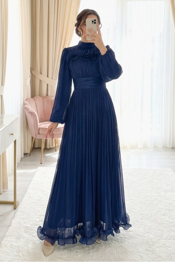 Janjan Evening Dress with Draped Waist, Elastic Sleeves, Ruffle Detail on Chest and Skirt -Navy blue