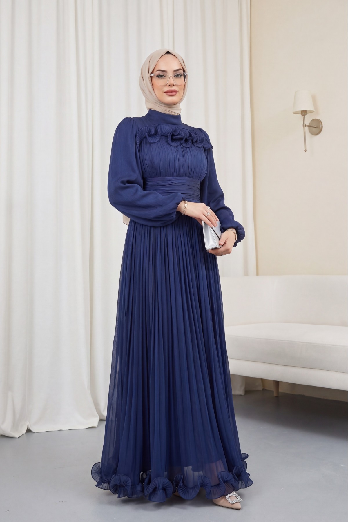 Janjan Evening Dress with Draped Waist, Elastic Sleeves, Ruffle Detail on Chest and Skirt -Navy blue