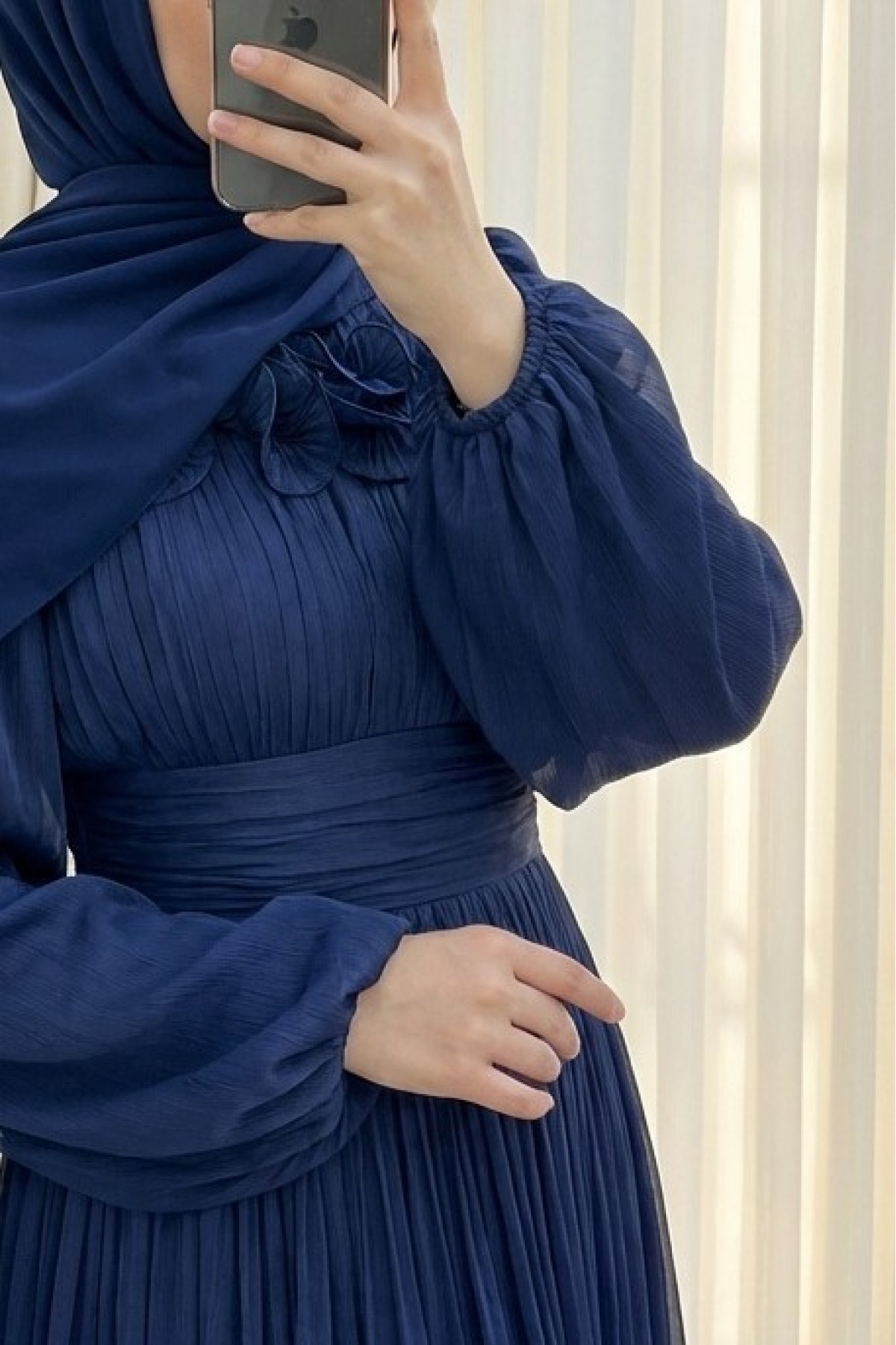 Janjan Evening Dress with Draped Waist, Elastic Sleeves, Ruffle Detail on Chest and Skirt -Navy blue