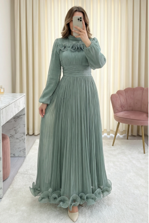 Beli Drapeli Kolu Lastikli Göğsü Ve Eteği Fırfır Detaylı Janjan Abiye -Mint