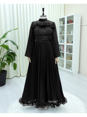 Beli Drapeli Kolu Lastikli Göğsü Ve Eteği Fırfır Detaylı Janjan Abiye -Siyah