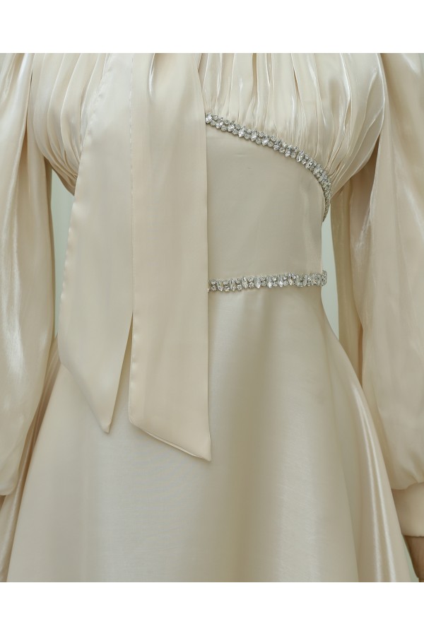 Balloon Sleeve Evening Dress with Bow Collar and Stone Detail at Waist - Beige
