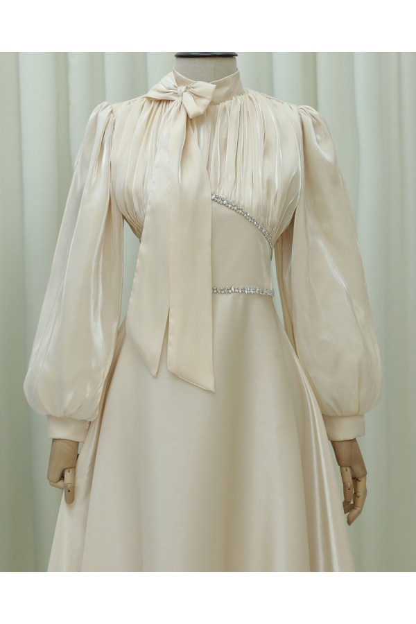 Balloon Sleeve Evening Dress with Bow Collar and Stone Detail at Waist - Beige