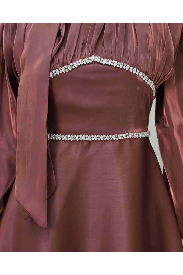 Balloon Sleeve Evening Dress with Bow Collar and Stone Detail at Waist -Dried rose