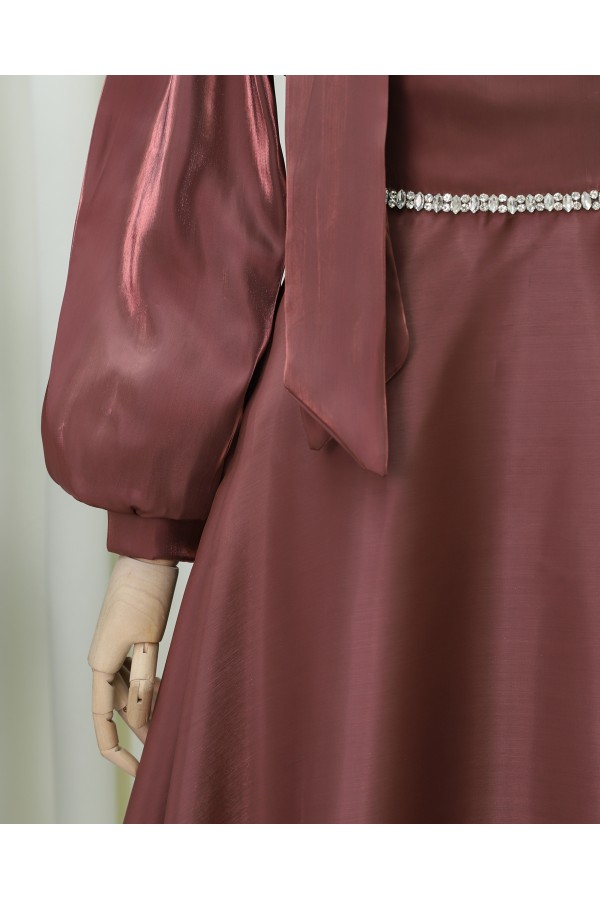 Balloon Sleeve Evening Dress with Bow Collar and Stone Detail at Waist -Dried rose
