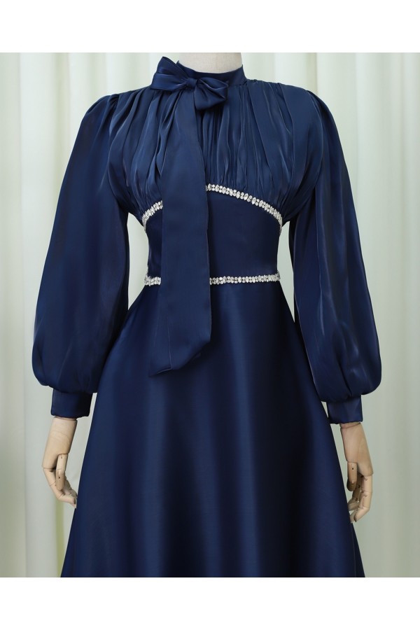 Balloon Sleeve Evening Dress with Bow Collar and Stone Detail at Waist -Navy blue