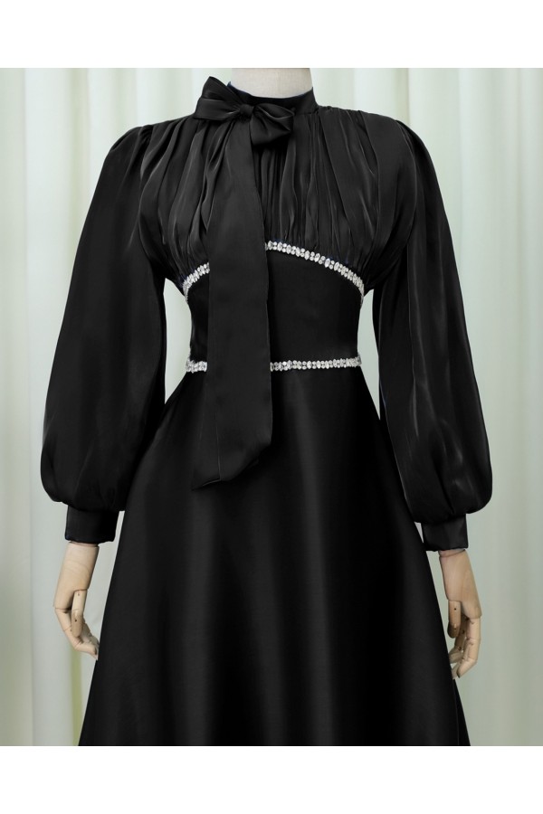 Balloon Sleeve Evening Dress with Bow Collar and Stone Detail at Waist -Black