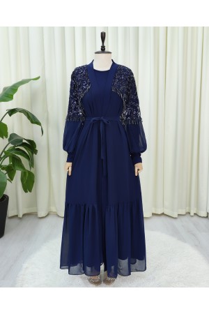 طقم عباية من قطعتين مزين بالخرز المقطوع وحزام -كحلي