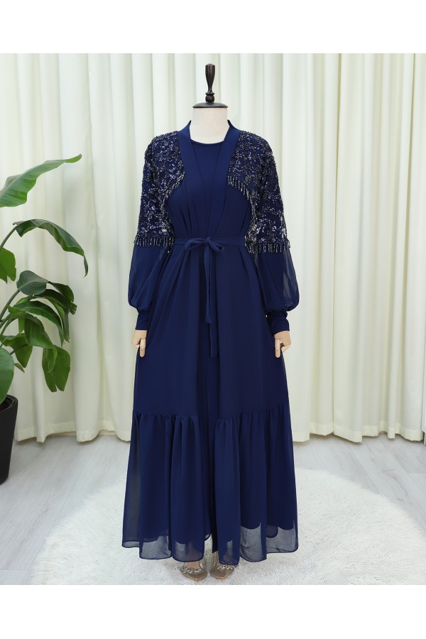 Two-Piece Abaya Set with Cut Beads and Belt -Navy blue