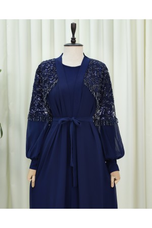 طقم عباية من قطعتين مزين بالخرز المقطوع وحزام -كحلي