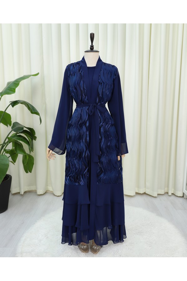 Two-piece abaya set with tulle detail at the front and a belted skirt. -Navy blue