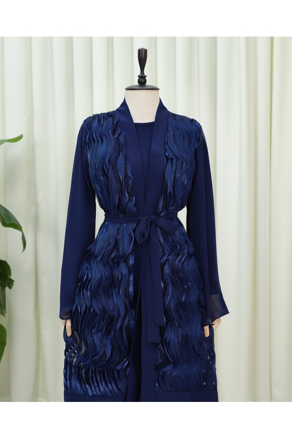 Two-piece abaya set with tulle detail at the front and a belted skirt. -Navy blue