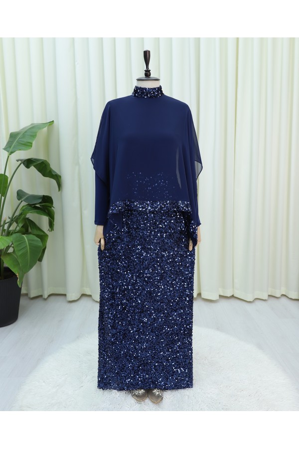 Cape Dress with Sequin Details on the Neckline and Hem -Navy blue