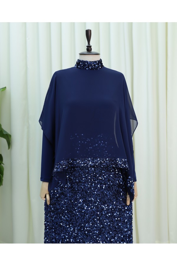 Cape Dress with Sequin Details on the Neckline and Hem -Navy blue