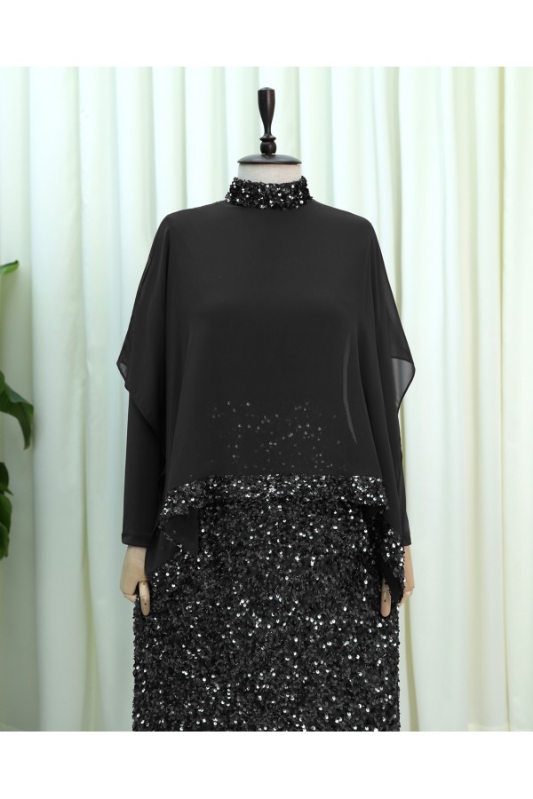 Cape Dress with Sequin Details on the Neckline and Hem -Black