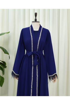 Kolu Tüylü Sıralı Taş Detaylı Kemerli Abaya -Saks