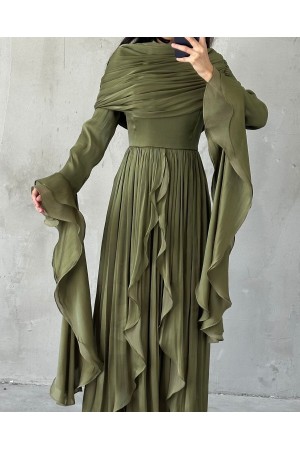 فستان سهرة حريري من الأورجانزا بدون حمالات ومُكشكش ومنسدل -خاكي