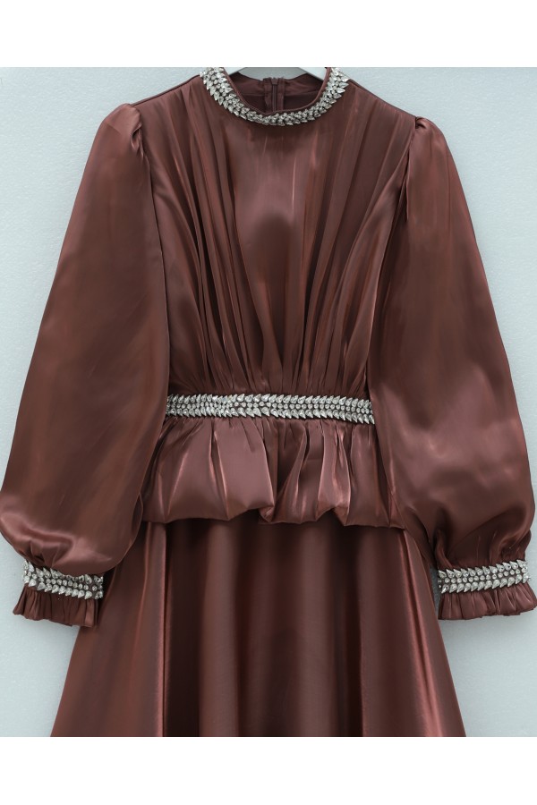 Satin Evening Dress with Ruffled Waist Detail and Rhinestone Embellishments -Dried rose
