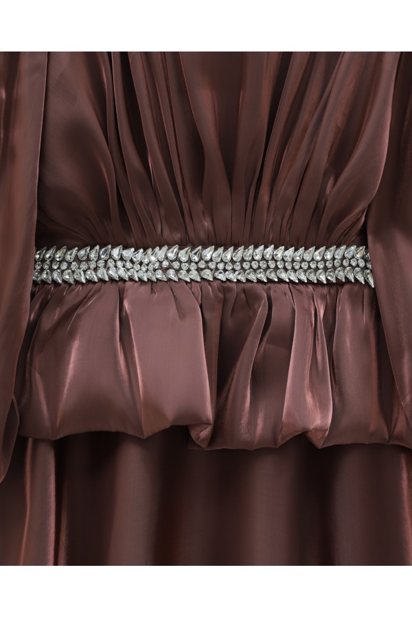 Satin Evening Dress with Ruffled Waist Detail and Rhinestone Embellishments -Dried rose