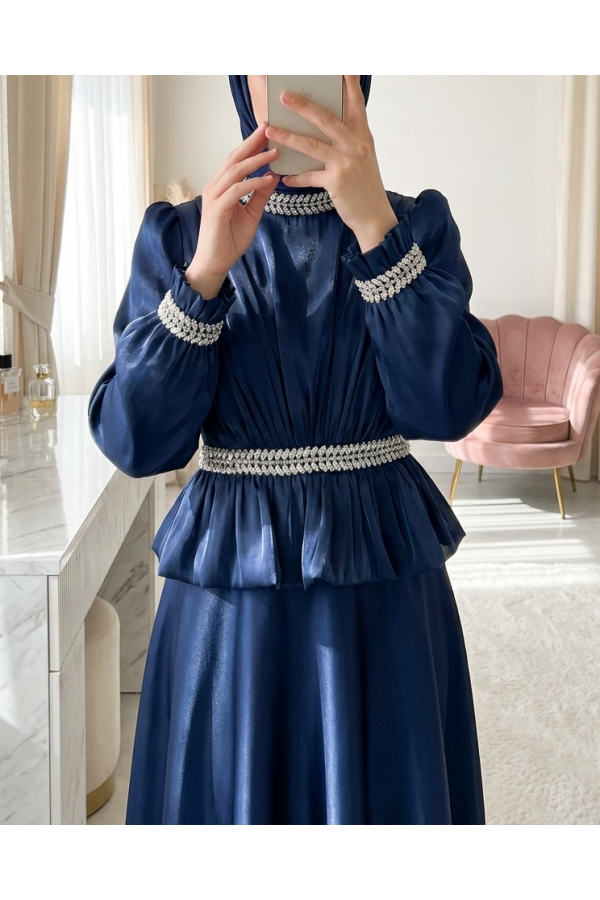 Satin Evening Dress with Ruffled Waist Detail and Rhinestone Embellishments -Navy blue