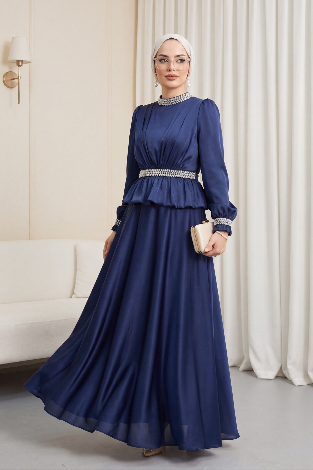 Satin Evening Dress with Ruffled Waist Detail and Rhinestone Embellishments -Navy blue