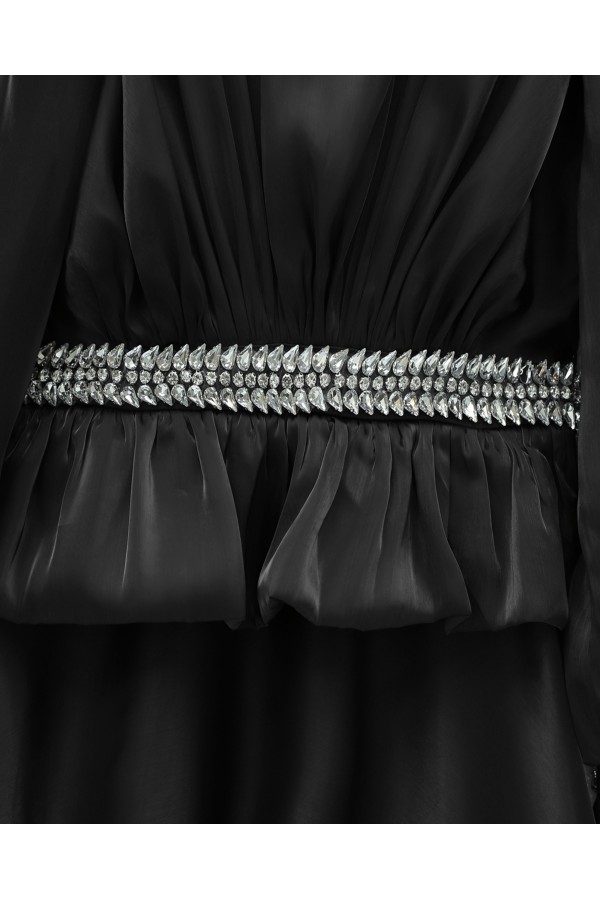 Satin Evening Dress with Ruffled Waist Detail and Rhinestone Embellishments -Black